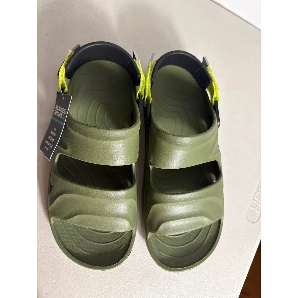 Rugged Shark Mens Water Sandals Olive Green Neon Yellow Sport Slide Size 12 NEW